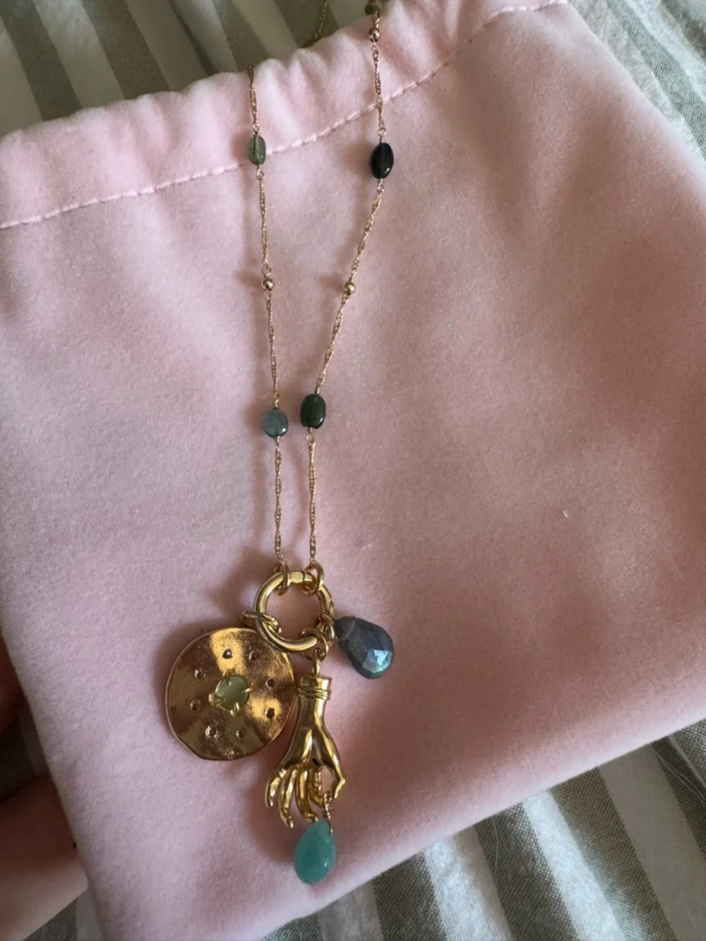 Gold Pendant Necklace with Green and Teal Gem Accents - Picture 4 of 4
